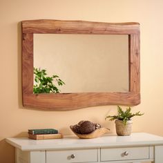 a wooden mirror hanging on the wall above a white dresser with a potted plant