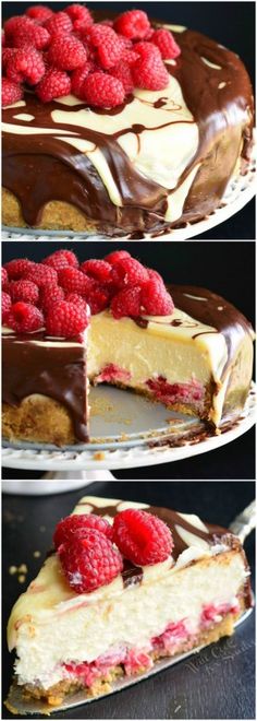 three different views of a cheesecake with raspberries on top