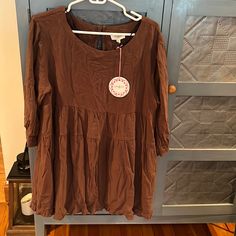 Brand New Shirt Dress In Brown Spring Brown Shift Dress, Brown Relaxed Fit Midi Dress For Spring, Brown Relaxed Fit Dress For Spring, Brown Spring Tunic Dress, Brown Tunic Blouse For Spring, Spring Brown Tunic Dress, Brown Cotton Mini Dress For Brunch, Hot Pink Midi Dress, Flowy Dress Boho