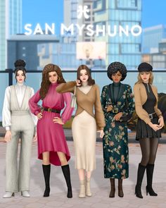 four women standing next to each other in front of a cityscape with the words san myshuno on it