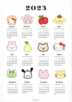 a calendar with cartoon animals on it for the year 2012 and 2013, including an apple