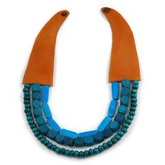 Handmade Multistrand Wood Bead and Leather Bib Style Necklace in Teal/ Blue - | eBay Unique Blue Wooden Beads, Blue Wooden Beads, Unique Blue Wooden Beaded Necklaces, Blue Multi-strand Wooden Bead Necklaces, Adjustable Blue Necklace With Wooden Beads, Unique Blue Jewelry With Wooden Beads, Bold Necklace, Light Brown Leather, Wood Necklace