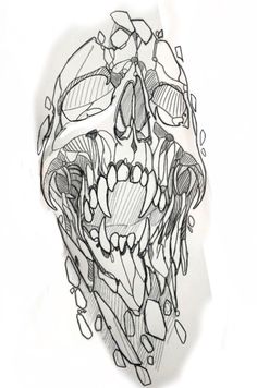 a black and white drawing of a skull with large fangs on it's face