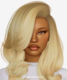 a digital rendering of a blonde woman with long, wavy hair and blue eyes wearing a white shirt