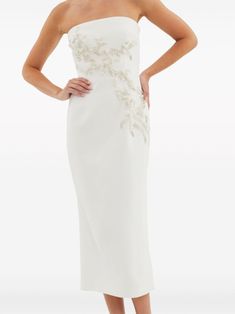 Rebecca Vallance Tove Embroidered Midi Dress - Farfetch Embroidered A-line Midi Dress For Wedding, Embroidered V-neck Midi Dress For Wedding, Fitted White Midi Dress With Floral Embroidery, White Embroidered Lace Midi Dress, White Strapless Midi Dress, White Midi-length Embroidered Dress With Lace Trim, Midi Dress White, Tulle Midi Dress, Rebecca Vallance