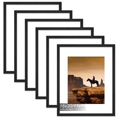 four black frames with an image of a man riding a horse in the desert at sunset