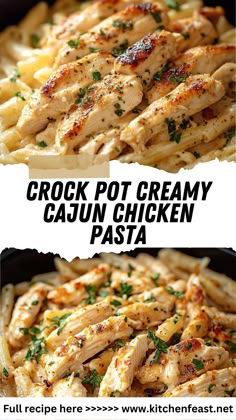 chicken and pasta in a skillet with the words crock pot creamy cajun chicken pasta