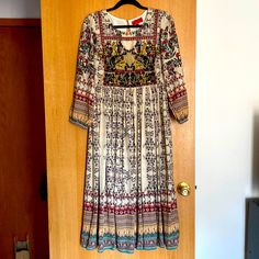 Lined. 46” From Shoulder, Sequin Design On Chest Multicolor Embroidered V-neck Maxi Dress, Multicolor Floral Print Boho V-neck Dress, Multicolor Print V-neck Maxi Dress, Multicolor Rayon V-neck Dress, Multicolor V-neck Maxi Dress With Paisley Print, Sequin Design, Anthropologie Dresses, Anthropologie Dress, Modest Dresses