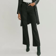 Reformation Georgia Pinstripe High Rise Flare Jeans, Brand New With All Tags Still Attached, Sold Out Online. Wide Leg Black Jeans, Reformation Jeans, High Rise Flare Jeans, Kick Flare Jeans, Patterned Jeans, Stylish Jeans, Cropped Flare Jeans, Printed Jeans, Cropped Flares