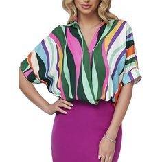 Green Striped Print Pullover Short Sleeve Shirt Chic Multicolor V-neck Shirt, Multicolor Collared Top For Spring, Chic Multicolor Collared Tops, Trendy Multicolor Collared Tops, Multicolor Short Sleeve Tops For Work, Multicolor Short Sleeve Work Shirt, Trendy Multicolor Tops For Work, Multicolor Casual Tops For Workwear, Multicolor Tops For Spring Workwear