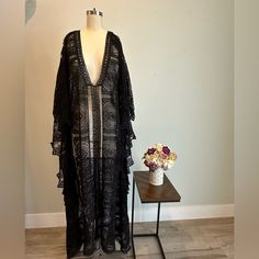 Nwt-Kaftan Knitted Black Fall Beach Kaftan With V-neck, Black Long Sleeve Cover-up For Festivals, Black Long Sleeve Festival Cover-up, Casual Long Black Cover-up, Casual Black Long Cover-up, Black One-size Cover-up For Vacation, Black One Size Cover-up For Vacation, Black One-size Beach Cover-up, One Size Black Cover-up For Vacation