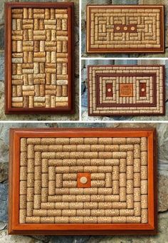 four pictures of different types of corks on the floor and in front of a stone wall