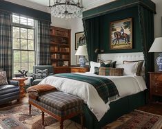 a bedroom with green walls and furniture