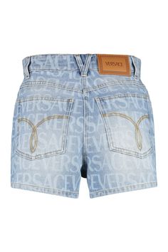 Step into luxury with these stunning denim shorts. Crafted with a blend of soft, breathable cotton and durable polyester, they offer the perfect combination of comfort and style. The all-over logo print and back leather logo tag add a touch of designer flair, making these shorts a must-have for fashion enthusiasts who appreciate the finer things in life. Whether you're strolling through the city streets or lounging by the pool, these denim shorts will elevate your look with their high-end appeal Versace Blue, Print Denim, Logo Tag, Shorts For Women, Leather Cap, Printed Denim, Leather Logo, Beach Tote Bags, Diaper Backpack