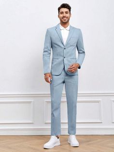 Turtleneck Suit, Formals For Men, Suits For Guys, Prom Outfits For Guys, Linen Suits For Men, Homecoming Outfits For Guys, Christmas Outfit Men, Light Blue Blazer