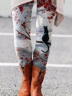 Multicolor Casual Black Cat Scenery Printed Leggings Burgundy Fashion, Womens Thermal, Hip Style, Fashion Leggings, Christmas Leggings, Leggings Casual, Stretch Leggings, Womens Tights, Type Of Pants