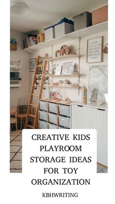 Playroom with shelves and bins, featuring creative toy storage solutions.