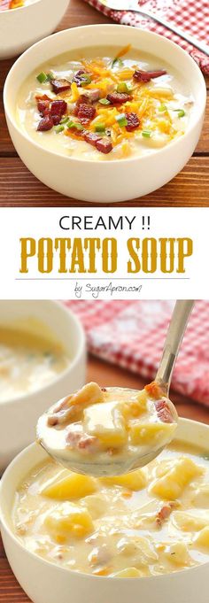 creamy potato soup with bacon and cheese in a white bowl