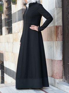 Full length Open mandarin collar V-neck opening extending to center panel Lace overlay Non lace cuffs and wide hem Item Code: wD3942 Model is 168cm (5 feet 6 inches) and wearing size M. Black Long Sleeve Dress With Lace Work, Elegant Black Dress With Modesty Panel, Stretch Abaya With Long Sleeves, Fitted Long Abaya With Modesty Panel, Lace Abaya, Abaya Gown, Dobby Fabric, Lace Cuffs, Modest Fits