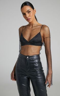 Charess Diamante Mesh Long Sleeve Top in Black | Showpo USA Mesh Top Outfit, Black Bell Sleeve Top, Mesh Maxi Skirt, Look Festival, Mesh Long Sleeve Top, Mesh Long Sleeve, Outfits Casuales, Flared Sleeves, Long Sleeve Crop Top