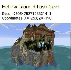 an image of a large rock in the middle of water with text below it that reads hollow island + lush cave