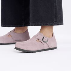 London Suede Leather Faded Purple | BIRKENSTOCK Birkenstock London Women, Fall Wedges, Effortlessly Pretty, Birkenstock London, Birkenstock Styles, Boys Sandals, Suede Fashion, Strap Wedge, Ladies Of London