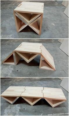 three different angles of a shelf made out of plywood