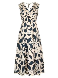 "Frida" dress in printed cotton popeline from Max Mara, with all-over print. Flared silhouette with inset pockets on the sides, V-neckline on the front and back with removable embroidered bezel details. Closure with laces to tie on the back of the neck and invisible zip. Summer Garden Party Dress With Box Pleat, Summer A-line Dress With Box Pleat, Summer Maxi Dress With Fitted Bodice And A-line Silhouette, Cotton A-line Dress Unlined, Cotton A-line Unlined Dress, Unlined Cotton A-line Dress, Cotton A-line Dress With Box Pleat, Silk A-line Dress With Box Pleat, Elegant Printed Cotton Midi Dress