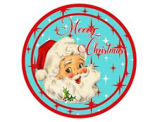 a santa clause sticker with the words he is me in red, white and blue