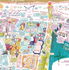 an illustrated map with many different things on it