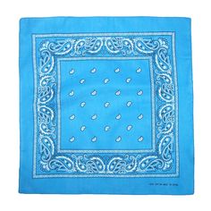 a blue bandanna with white paisley on the bottom and an intricate design in the middle