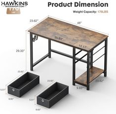 an image of a desk with drawers and shelfs on the bottom, labeled product dimensionalally