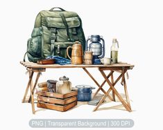 an illustration of a picnic table with backpacks and other items on it, including coffee mugs