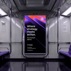 an empty subway car with purple seats and a sign that says where strategy meets action