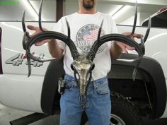 a man standing in front of a white truck with horns on it's head