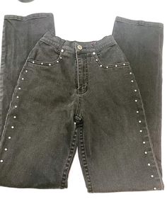 "Vintage black lawman jeans. Rhinestone embellishments down the sides of jeans. Great condition. Waist: 23\" Hip:16\" Rise:12\" Inseam:34 1/2\"" Rhinestone Clothes Diy, Lawman Jeans, Rhinestone Outfit, Studded Denim, Rhinestone Embellishments, Rhinestone Studs, Womens Jeans, Denim Pants, Jeans Pants