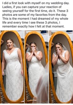 a woman in a wedding dress looking at herself in the mirror and making a funny face