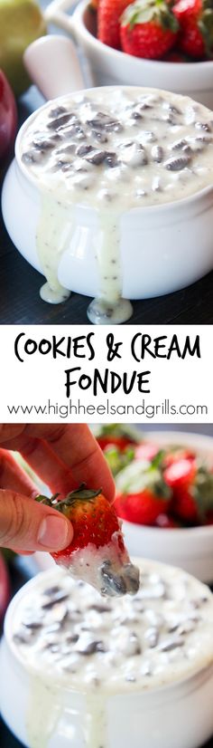 two pictures showing how to make cookies and cream fondant with strawberries in the background