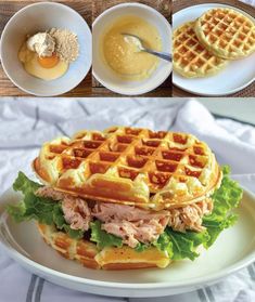 three different views of a chicken and waffle sandwich on a plate with butter, syrup, and eggs