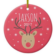 personalized christmas ornament with reindeer head and snowflakes on red background