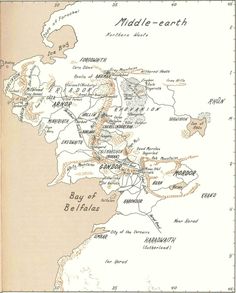 an old map shows the location of middle - earth and its major cities, as well as several other places