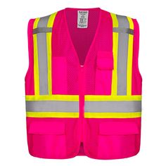 an orange and pink safety vest with reflective stripes on the front, two pockets at the back