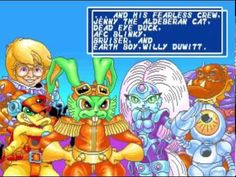 an old computer game with several cartoon characters in front of the text, and one character is