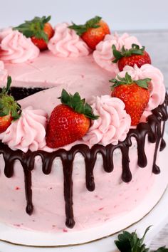 a strawberry cake with chocolate drizzle and fresh strawberries on top