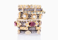 18K Yellow Gold Stack Ring Featuring White Round Brilliant-cut Diamonds. (0.68 TCW) Dimensions:Band Width: 0.11" (2.94mm) Grey Sapphire, Wrap Bangles, Diamond Stacks, Turquoise Drop Earrings, Stack Ring, Mixed Metal Jewelry, Beaded Cuff, Enamel Ring, Gold Rush