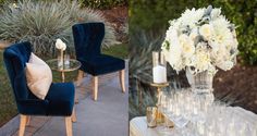 the table is set with champagne glasses, candles and white flowers in glass vases