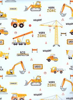 a white background with yellow construction trucks and cranes on it's sides, including the words work zone