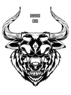 a bull's head with long horns and the word mops on it in black ink