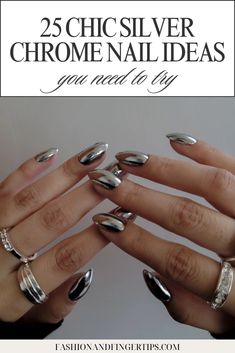 Explore cool and trendy silver nail ideas with our 25+ silver chrome nail designs, a must-try trend for 2024/2025. We’re sharing inspiration for almond, square, coffin, and French tip silver chrome nails. Click through for the best silver nails, silver tip nails, silver chrome nails, and mirror nail ideas. Trendy nails, cool nails. Short Chrome Nails Designs, French Tip Silver, Silver Nail Ideas, Nails Silver Chrome, Silver Tip Nails, Nail Designs French Tip