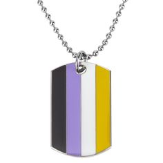 a dog tag necklace with multicolored stripes on the front and back of it